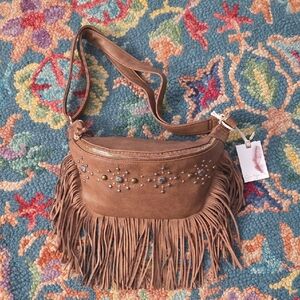 Jessica Simpson Tan Crossbody Bag with Fringe and Studs